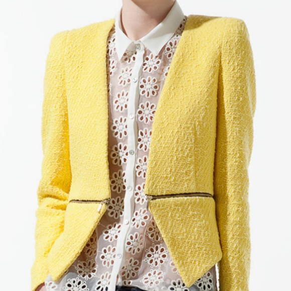 Zara Jackets & Blazers - ZARA Yellow Boucle Tweed Blazer with Zipper Detail